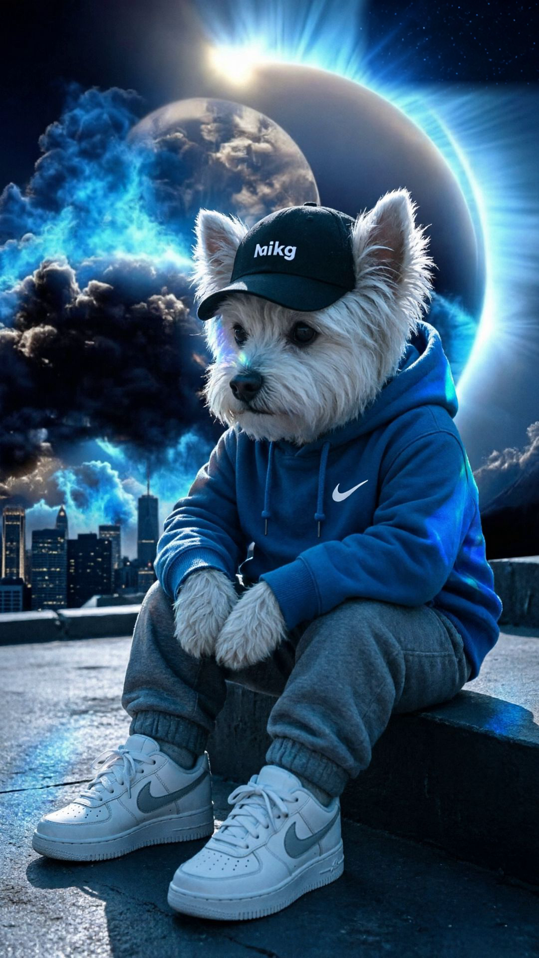 NIKE DOG under the eclipse over the city