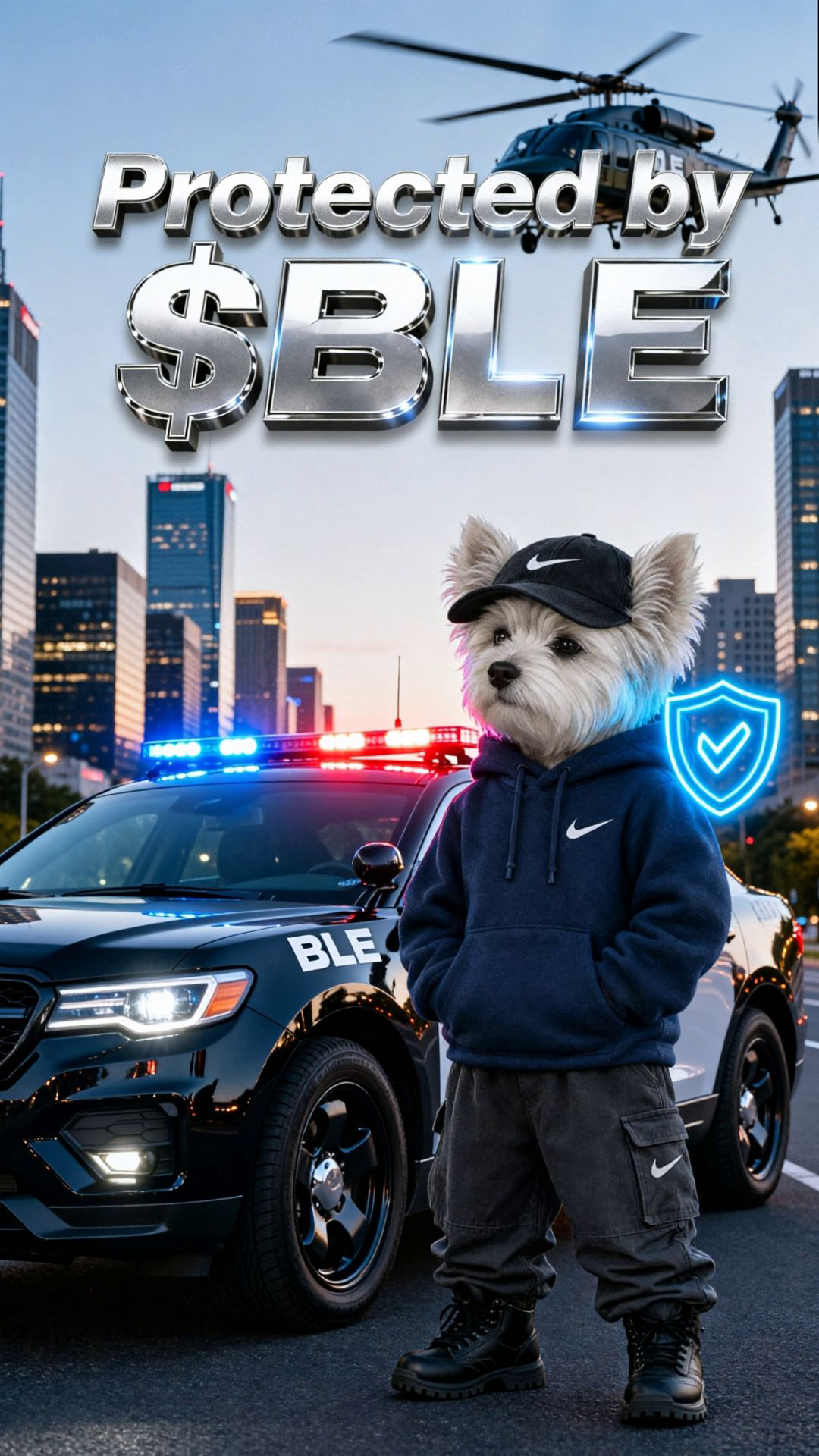 NIKE DOG protecting the pack by the police car
