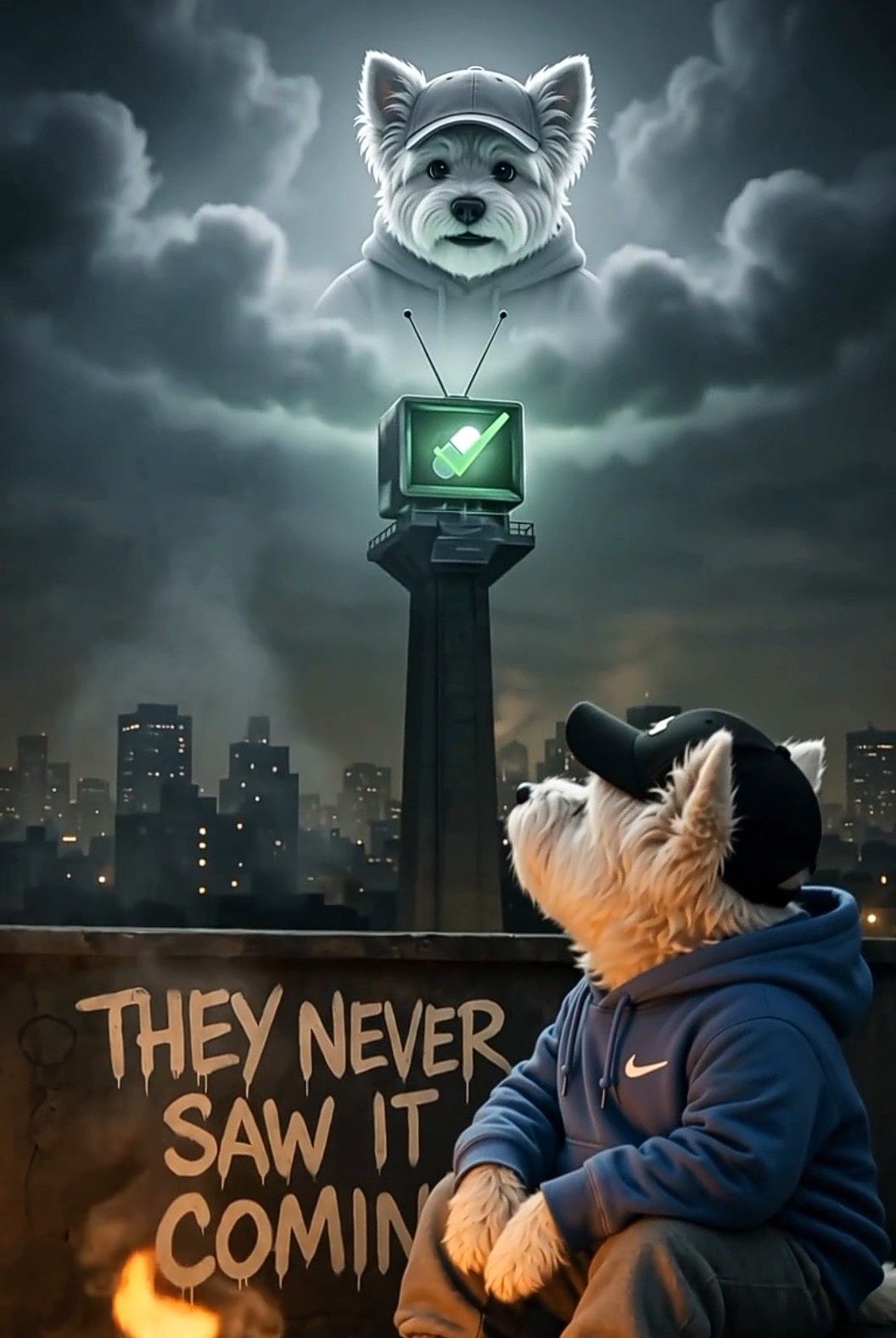NIKE DOG watching the signal over the city